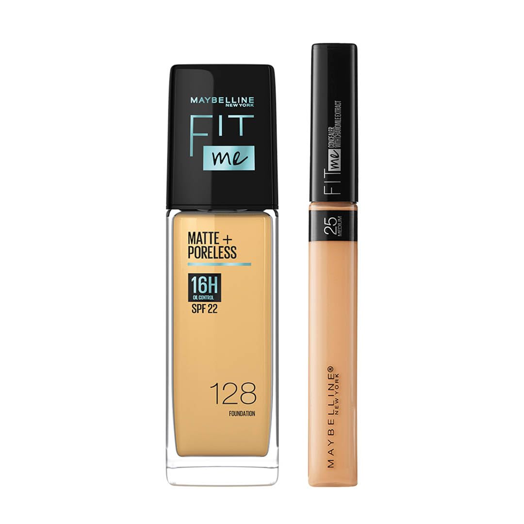Maybelline New York Perfect Fit Me Flawless Matte Base Makeup Combo Conceal For Oily Skin+Blend Duo Kit,Medium Coverage Fit Me Foundation Powder 128 (30Ml)+Fit Me Concealer Shade 25 (6.8Ml),Pack Of 1