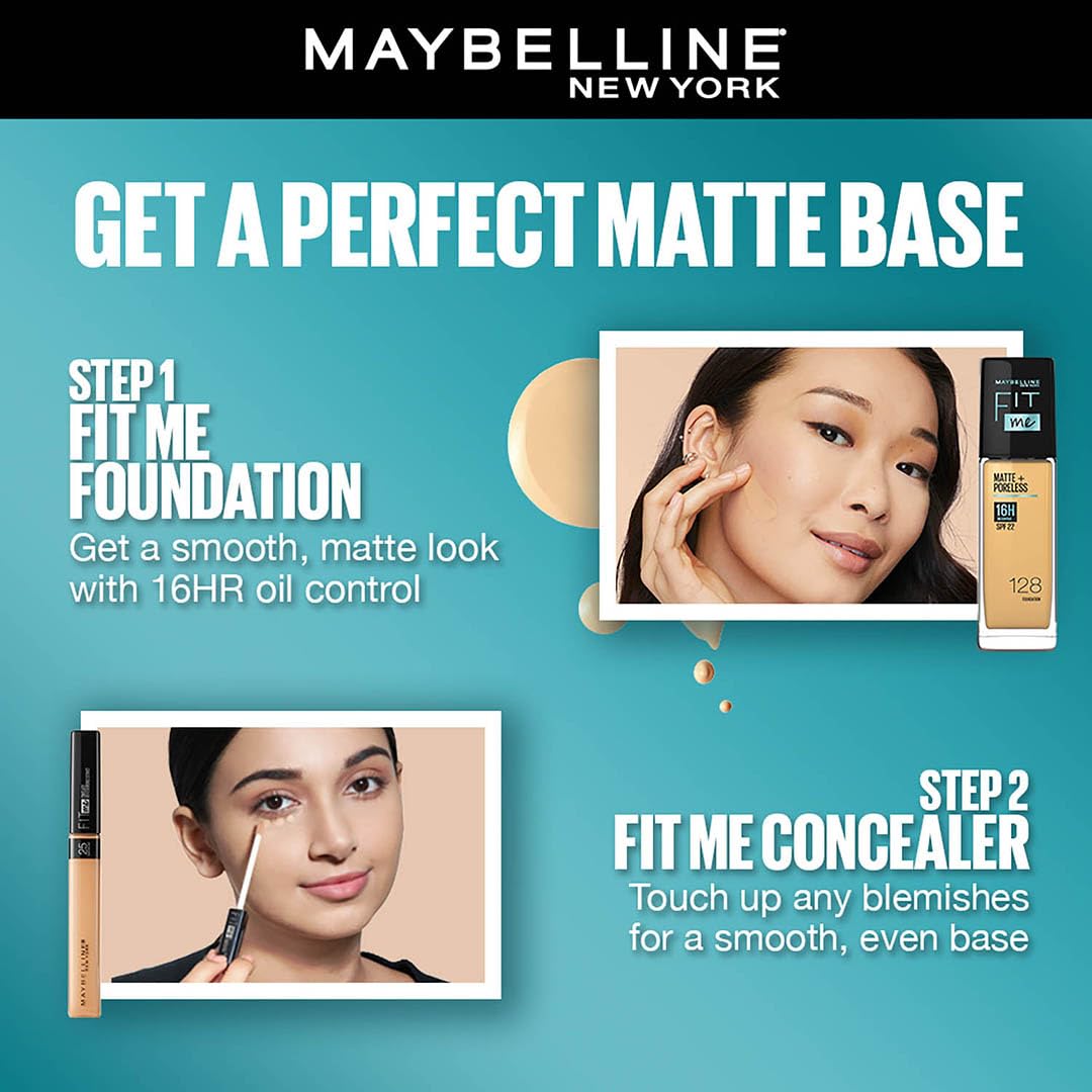 Maybelline New York Perfect Fit Me Flawless Matte Base Makeup Combo Conceal For Oily Skin+Blend Duo Kit,Medium Coverage Fit Me Foundation Powder 128 (30Ml)+Fit Me Concealer Shade 25 (6.8Ml),Pack Of 1 - Image 4