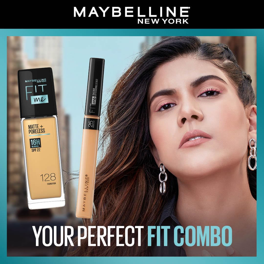 Maybelline New York Perfect Fit Me Flawless Matte Base Makeup Combo Conceal For Oily Skin+Blend Duo Kit,Medium Coverage Fit Me Foundation Powder 128 (30Ml)+Fit Me Concealer Shade 25 (6.8Ml),Pack Of 1 - Image 5